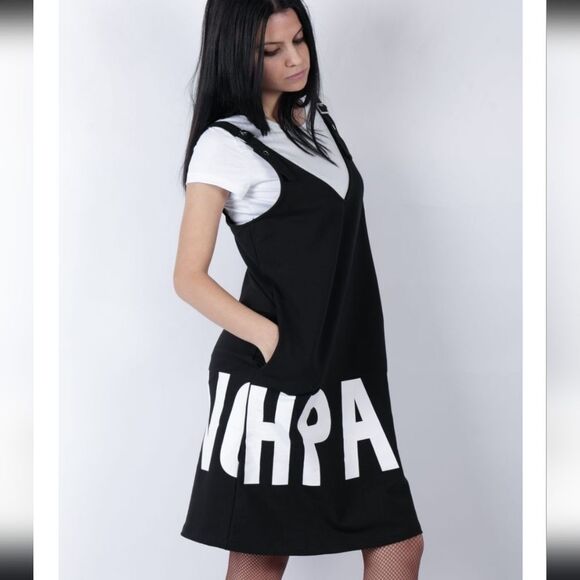 BULGARIAN Overall Grafic Dress Black with Lettering in White Size Medium - Picture 1 of 12